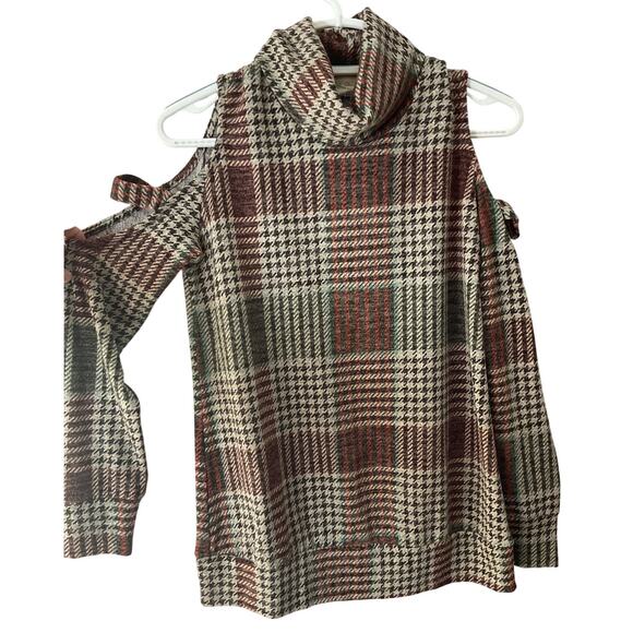 143 Story Womens Small Plaid Cold Shoulder Knit Turtleneck - Picture 5 of 6